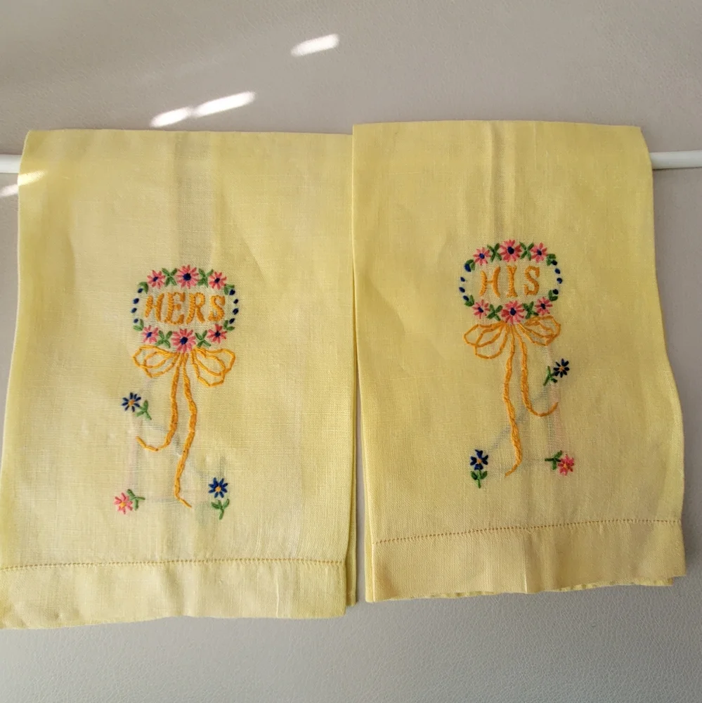 Vintage His & Hers & Guest Tea Towels , Embroidered, Wedding gift! Cottage!!